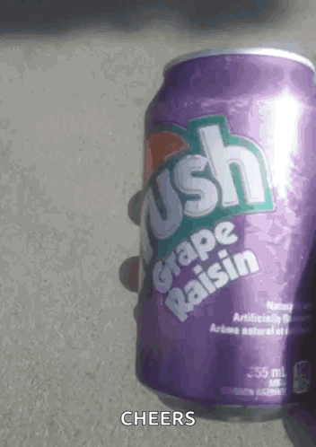 A Person Is Holding A Purple Can Of Grape Raisin Soda . GIF