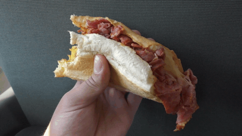A Person Is Holding A Sandwich In Their Hand With A Bite Taken Out Of It GIF