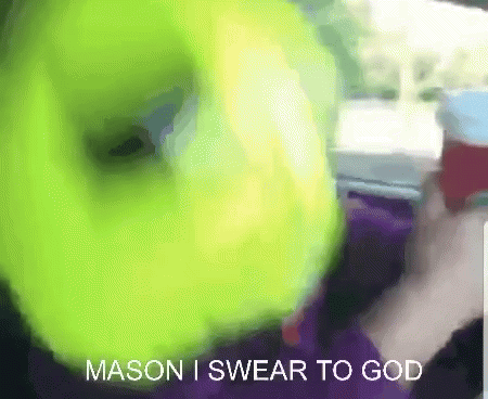 A Person Is Holding A Spray Bottle Next To A Green Object That Says Mason I Swear To God GIF