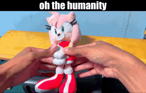 A Person Is Holding A Stuffed Animal That Says Oh The Humanity On The Bottom GIF