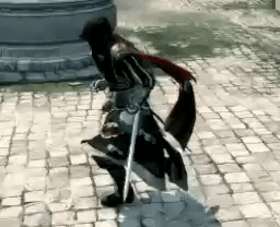 a person is holding a sword in a video game and walking on a brick sidewalk .
