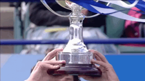 A Person Is Holding A Trophy In Their Hands That Says ' R ' On It GIF