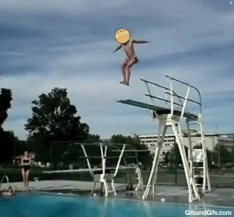 A Person Is Jumping Off A Diving Board With A Smiley Face On His Head GIF