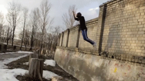 A Person Is Jumping Over A Brick Wall With A Stump In Front Of Them GIF