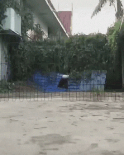 A Person Is Jumping Over A Tennis Net In Front Of A House GIF