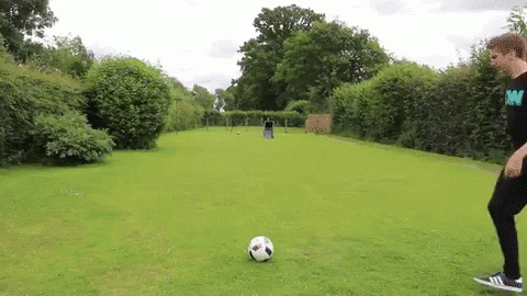 A Person Is Kicking A Soccer Ball In A Field GIF