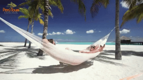 A Person Is Laying In A Hammock On A Beach With The Words Peru Tours Explorer On The Bottom Right GIF