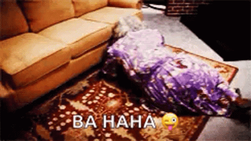 A Person Is Laying On A Rug In Front Of A Couch Covered In A Blanket . GIF