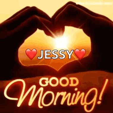 A Person Is Making A Heart Shape With Their Hands In Front Of The Sun And The Words `` Good Morning Jessy '' . GIF