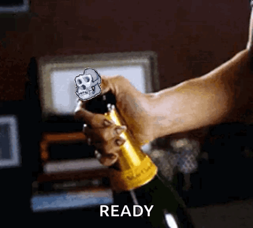 A Person Is Opening A Bottle Of Champagne With A Skull On The Cork And The Word Ready Below It GIF