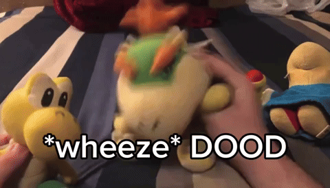 A Person Is Playing With A Stuffed Animal That Says " Wheeze Dood " On It GIF