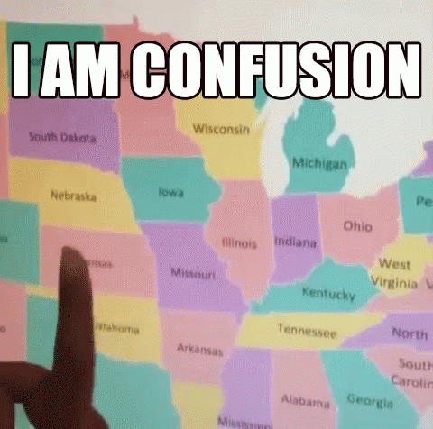 a person is pointing at a map with the words `` i am confusion '' on it .