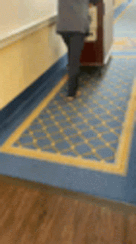 A Person Is Pushing A Cart Down A Hallway With A Blue And Yellow Rug GIF
