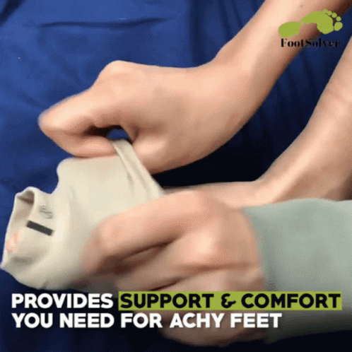 a person is putting on a pair of socks with the words provides support and comfort you need for achy feet on the bottom