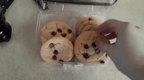 A Person Is Reaching For A Chocolate Chip Cookie From A Plastic Container GIF