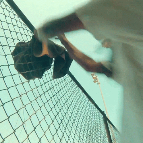 A Person Is Reaching Over A Chain Link Fence GIF