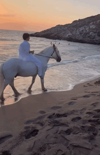 A Person Is Riding A White Horse On A Beach GIF