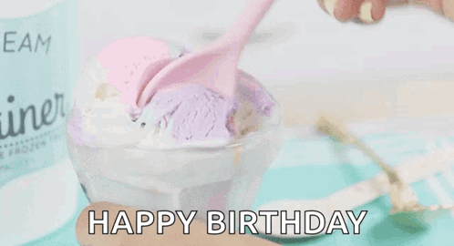 A Person Is Scooping Ice Cream Into A Glass With The Words Happy Birthday Written On It GIF
