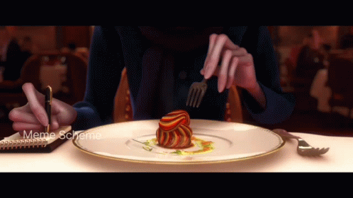 A Person Is Sitting At A Table With A Plate Of Food And A Meme Scheme Written On The Bottom Right GIF