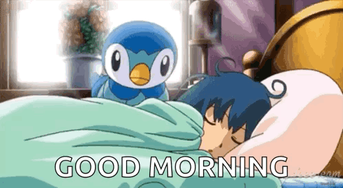 A Person Is Sleeping In A Bed With A Penguin Sitting On Top Of Them And The Words Good Morning Written Below Them GIF