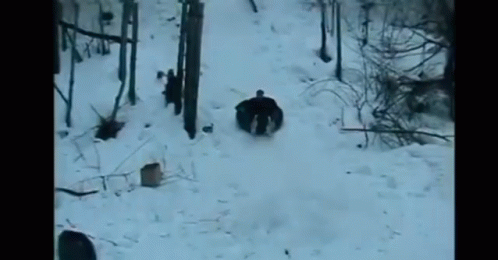 A Person Is Sliding Down A Snow Covered Hill On A Sled . GIF