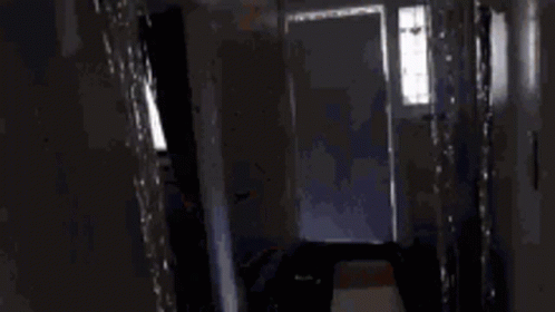 A Person Is Standing In A Dark Hallway Looking Out A Doorway . GIF
