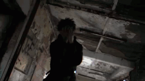 A Person Is Standing In A Dark Hallway With Their Hands On Their Face . GIF