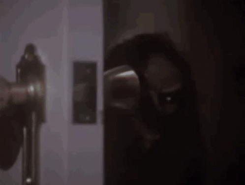 a person is standing in a dark room holding a door handle .