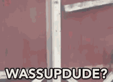 A Person Is Standing In A Doorway With The Words Wassupdude Written On It . GIF