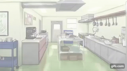 A Person Is Standing In A Kitchen With A Lot Of Utensils Hanging From The Ceiling . GIF