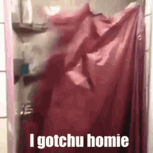 A Person Is Standing In A Shower With A Red Shower Curtain Hanging On The Wall . GIF