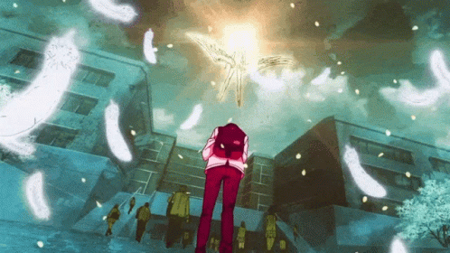 A Person Is Standing In Front Of A Building With Feathers Flying Around Them GIF