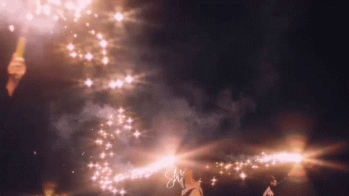 A Person Is Standing In Front Of A Fireworks Display With The Letter S On The Bottom Right Corner . GIF