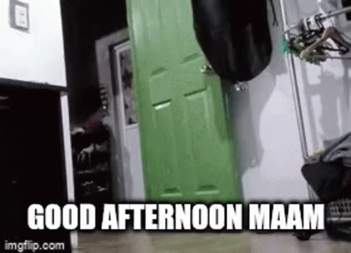 A Person Is Standing In Front Of A Green Door In A Room . GIF
