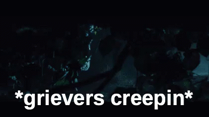 A Person Is Standing In The Dark With The Words `` Grievers Creepin '' Written Above Them . GIF