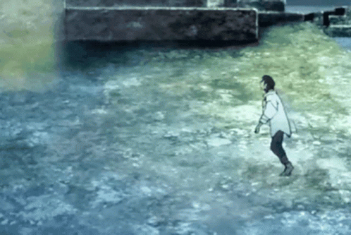 A Person Is Standing In The Water With A Sword . GIF