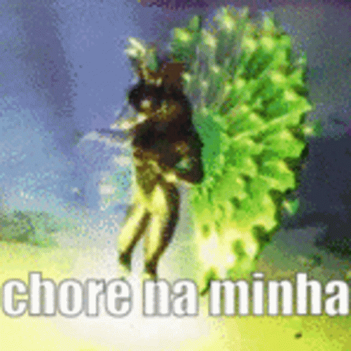 A Person Is Standing Next To A Green Plant With The Words Chore Na Minha Written On The Bottom . GIF