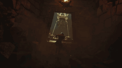 A Person Is Swimming In A Dark Room With A Light Shining Through A Window GIF