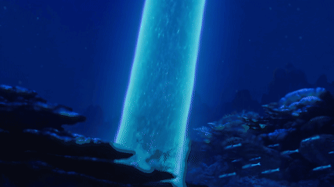 A Person Is Swimming In The Ocean With A Blue Light Coming Out Of The Water GIF
