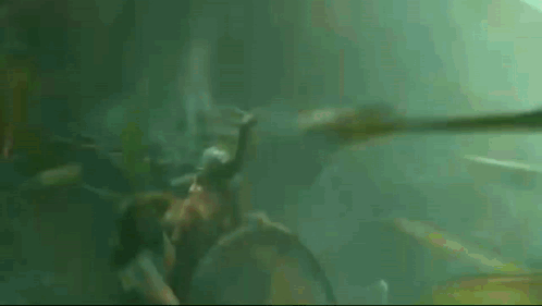 A Person Is Swimming In The Water With A Snake In Their Mouth . GIF