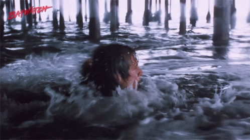 A Person Is Swimming Under A Pier And The Word Baywatch Is Visible GIF