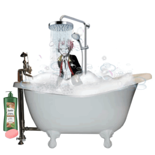 A Person Is Taking A Bath In A Bathtub Next To A Bottle Of Saine GIF
