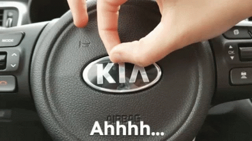 A Person Is Touching A Kia Logo On The Steering Wheel GIF