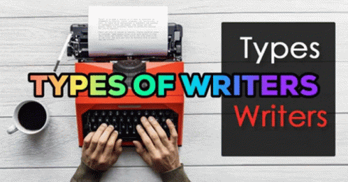 A Person Is Typing On A Red Typewriter With The Words Types Of Writers Written Below Them GIF