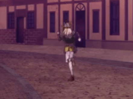 A Person Is Walking Down A Dirt Street In Front Of A Building . GIF