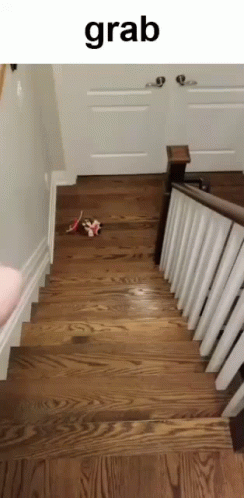 A Person Is Walking Down A Set Of Wooden Stairs With The Word Grab Written Above Them GIF