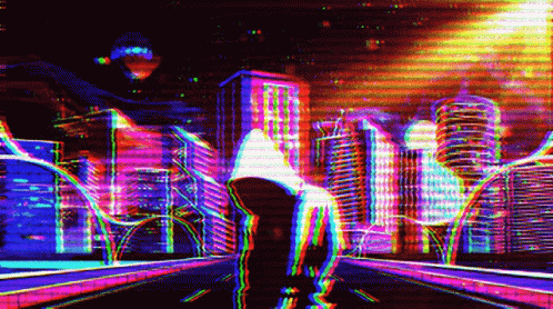 A Person Is Walking Down A Street With A City In The Background . GIF