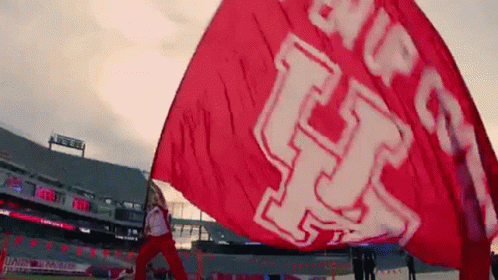 A Person Is Waving A Large Red Flag With The Letter H On It In A Stadium . GIF