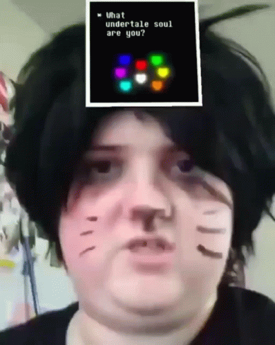 A Person Is Wearing A Cat Costume And Has A Picture On Their Head That Says What Undertale Soul Are You GIF