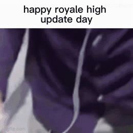 A Person Is Wearing Headphones And A Purple Shirt With The Words `` Happy Royale High Update Day '' On It . GIF